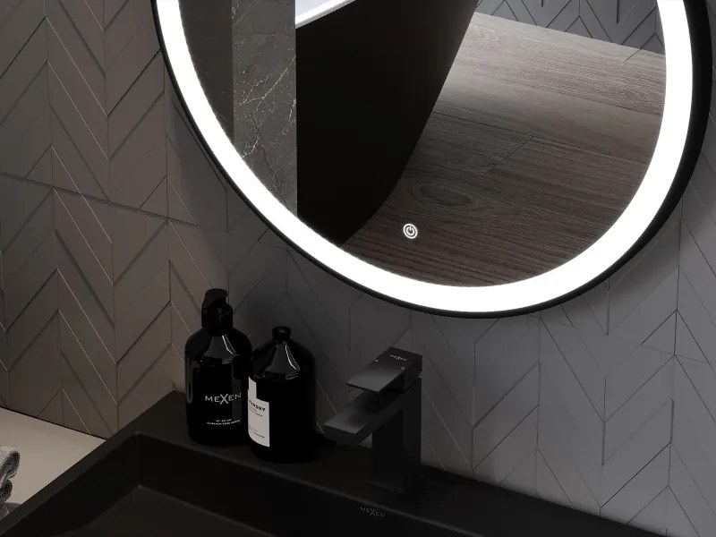 Mexen Esso, okrúhle LED podsvietené kúpeľňové zrkadlo 100 cm, 6000K, vykurovacia podložka proti zahmlievaniu, čierny rám, 9825-100-100-611-70