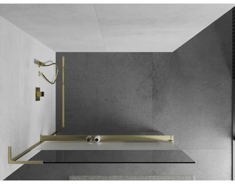 Mexen Kioto+ L, sprchová zástena Walk-In s poličkou a vešiakom 100 x 200 cm, 8mm číre sklo-námraza, zlatý matný profil, 800-100-123-55-35