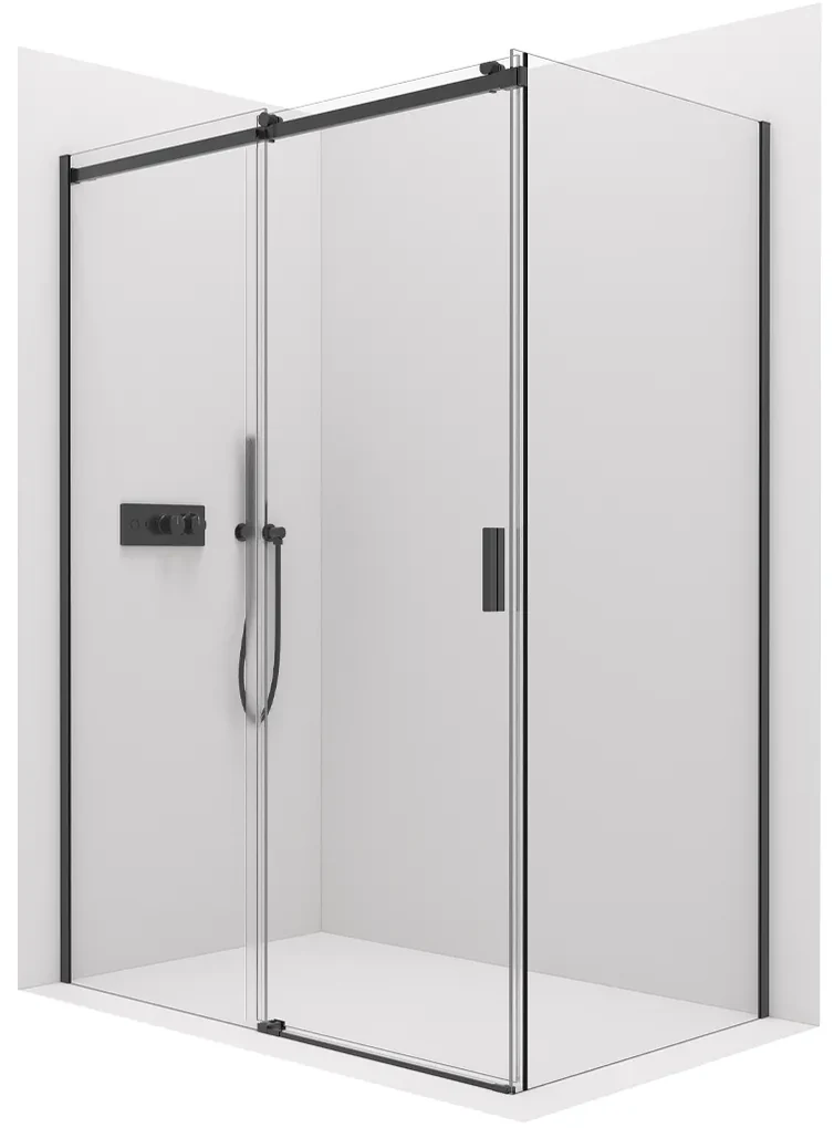 Cerano Santoro, sprchový kút s posuvnými dverami 110(dvere) x 70(stena) x 195 cm, 6mm číre sklo, čierny profil, CER-CER-431482