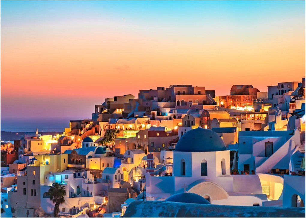 Obraz - Santorini pri zotmení (70x50 cm)