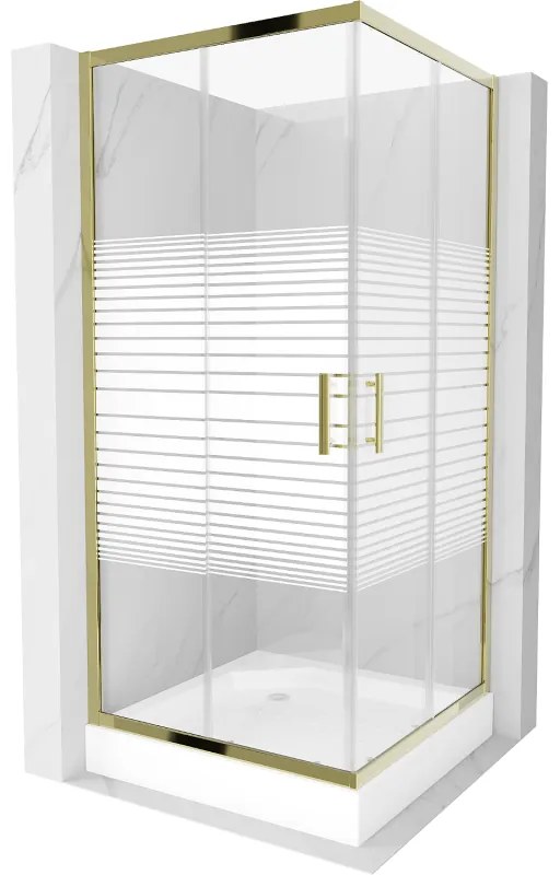 Mexen Rio, štvorcový sprchovací kút s posuvnými dverami 90(dvere) x 90(dvere) x 190 cm, 6mm číre sklo s pásikmi, zlatý profil + biela sprchová vanička RIO, 860-090-090-50-20-4510
