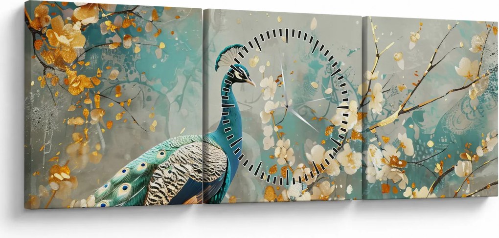 Obraz - Páv so zlatým dekorom (s hodinami) (90x30 cm)