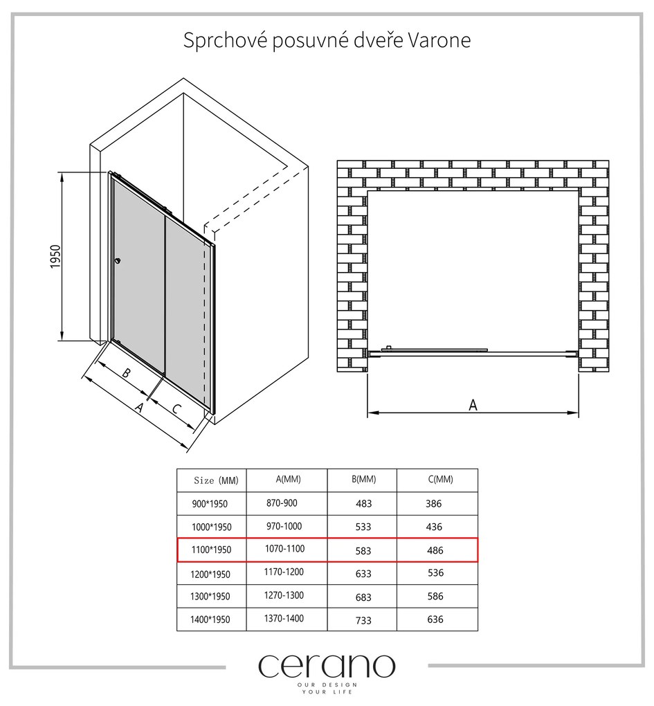 Cerano Varone, sprchovací kút s posuvnými dverami 110 (dvere) x 100 (stena) x 195 cm, 6mm šedé sklo, čierny profil, CER-CER-429619