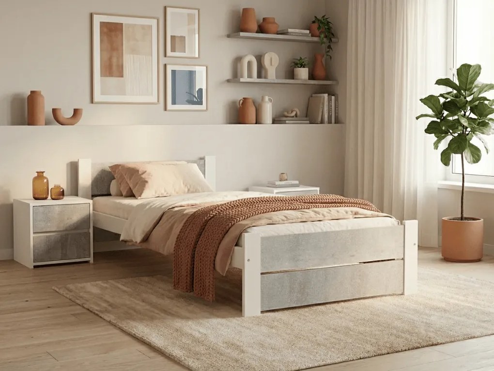 Posteľ IKAROS DOUBLE 90 x 200 cm, betón/biela Rošt: S lamelovým roštom, Matrac: Matrac COCO MAXI 20 cm