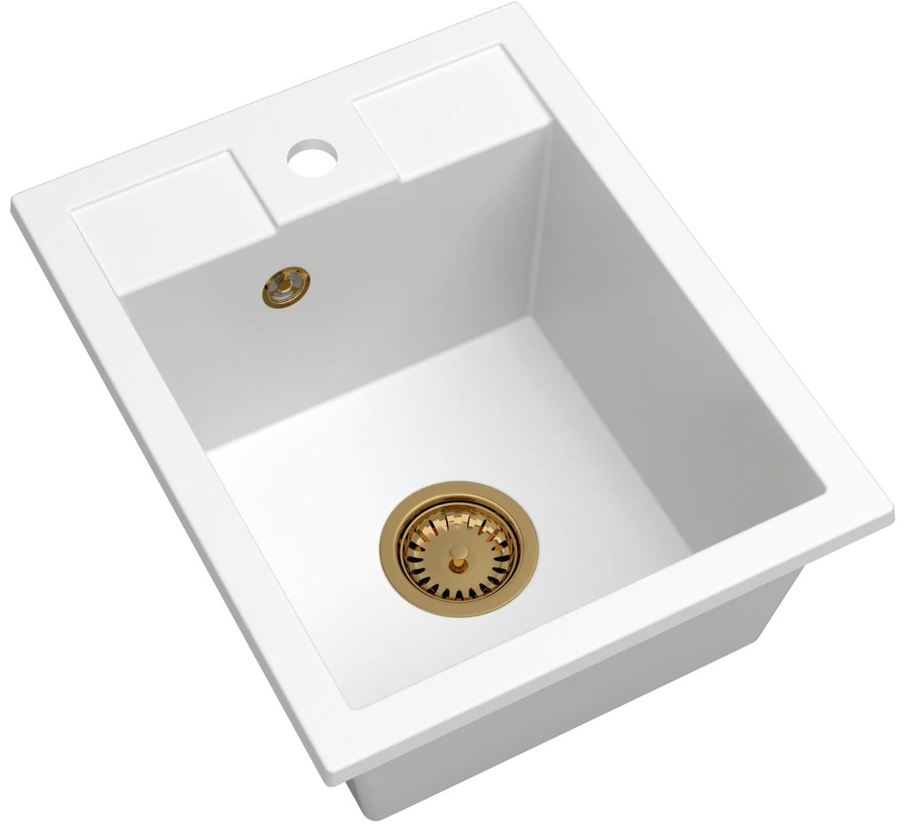 Sink Quality Ferrum 40, kuchynský granitový drez 400x500x195 mm + zlatý sifón, biela, SKQ-FER.W.1K40.XG