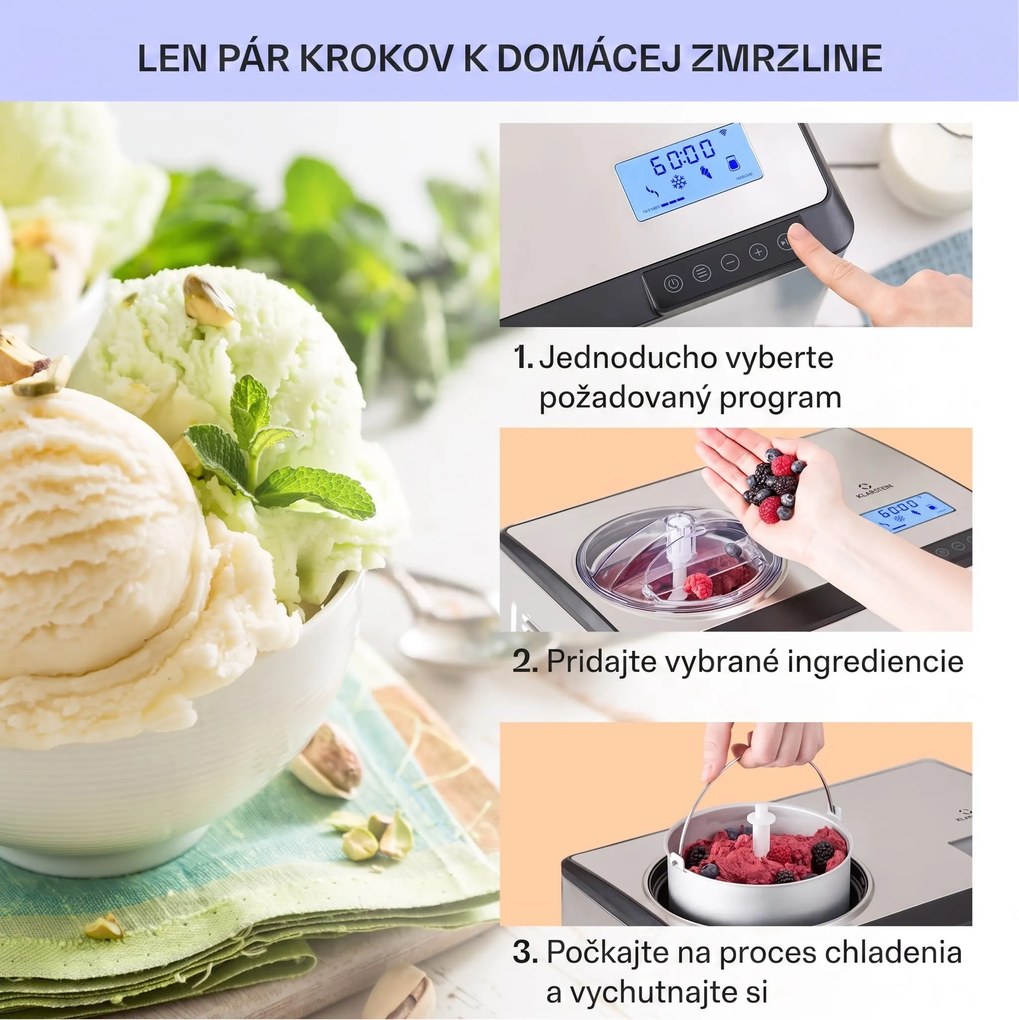 Klarstein Dolce Bacio Smart, zmrzlinovač a jogurtovač, kompresor, 2 l, Wi-Fi, dotykový displej, nehrdzavejúca oceľ
