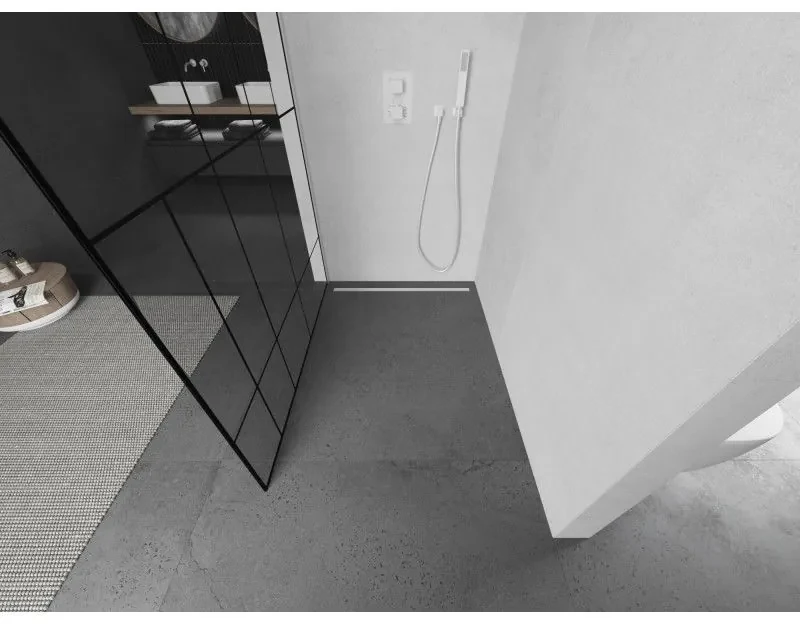 Mexen Kioto L, sprchová zástena Walk-In 90 x 200 cm, 8mm číre sklo čierny vzor, biely profil, 800-090-103-20-78