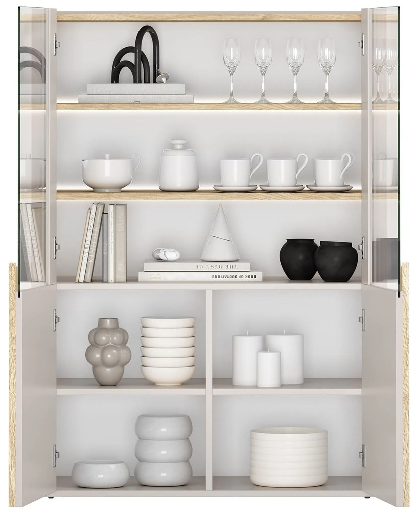 Vitrína Amilio 100 cm dvojdverová - kašmír / olejovaný dub / úchyty svetlý dub