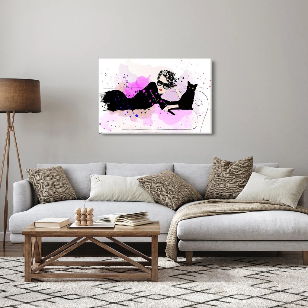 Obraz - Žena s čiernou mačkou (90x60 cm)