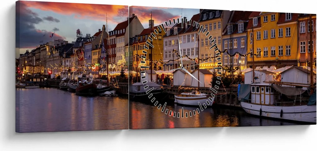 Obraz - Nyhavn, Kodaň (s hodinami) (90x30 cm)