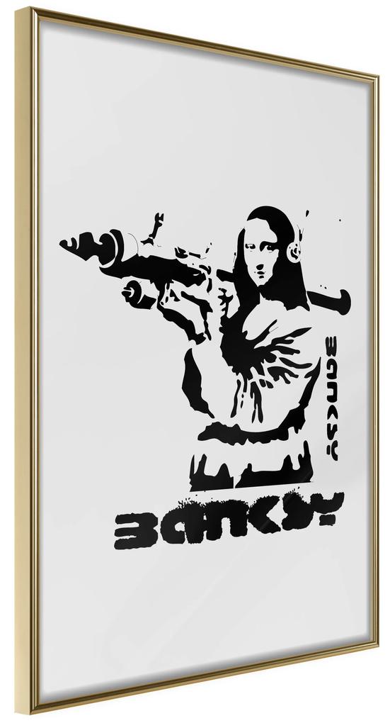 Artgeist Plagát - Mona Lisa with a Bazooka [Poster] Veľkosť: 30x45, Verzia: Zlatý rám s passe-partout