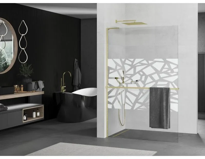 Mexen Kioto+ L, sprchová zástena Walk-In s poličkou a vešiakom 110 x 200 cm, 8mm číre sklo biely vzor, zlatý matný profil, 800-110-123-55-85