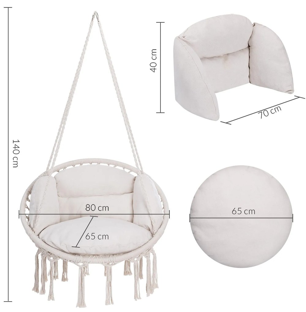 Závesné kreslo BOHO s vankúšmi, Ø61cm, béžová Jurhan