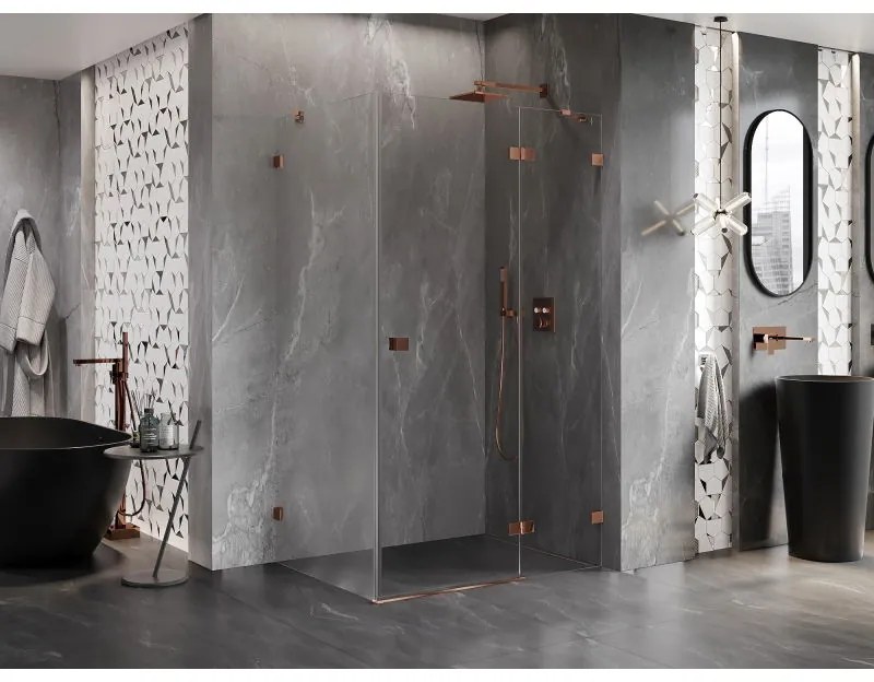 Mexen Lunar, pravostranný výklopný sprchový kút 70 x 90 cm, 8mm číre sklo, ružové zlato profil, 834-070-090-60-00-P