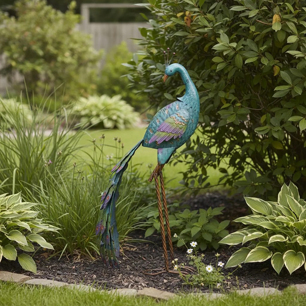 Záhradná kovová figúrka Peafowl, 78 cm, modrá