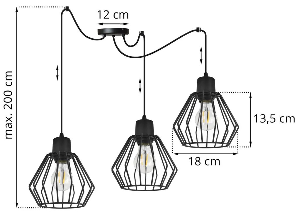 Závesné svietidlo NUVOLA SPIDER 2, 3x čierne drôtené tienidlo