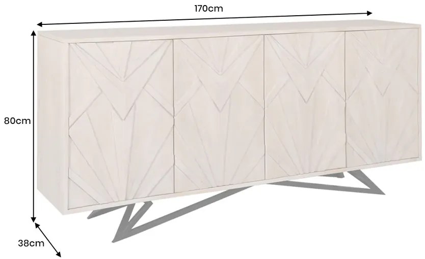 Komoda METROPOLITAN 170 cm 3D mangové drevo, povrchová úprava bielou farbou