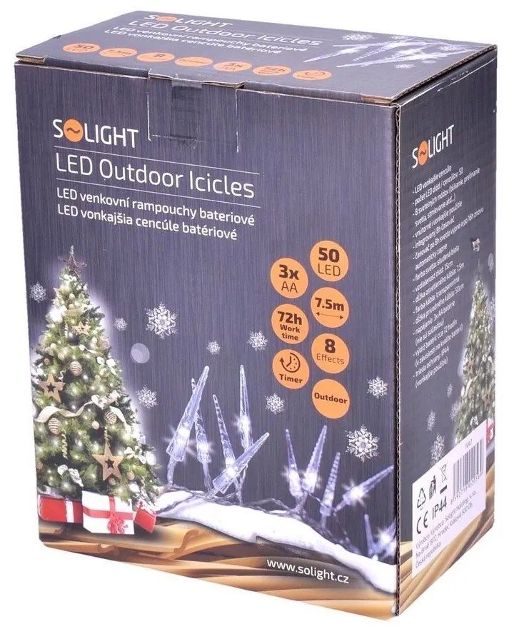 Solight Svetelná vonkajšia reťaz s 50 LED akrylátovými cencúľmi, 7,5 m