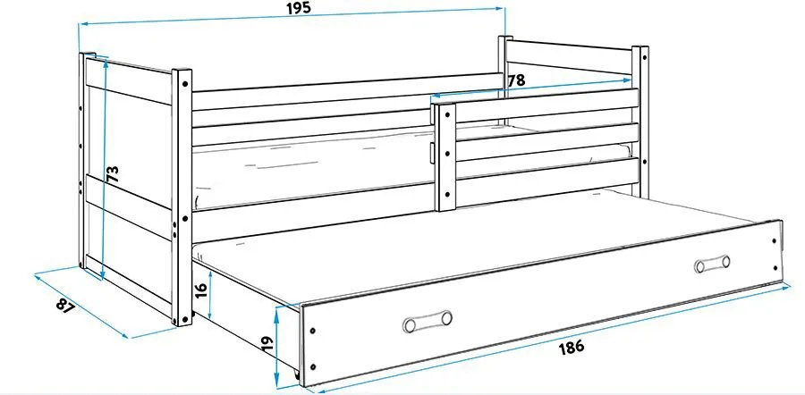 Posteľ s prístelkou RICO 2 - 190x80cm - Borovica - Modrý