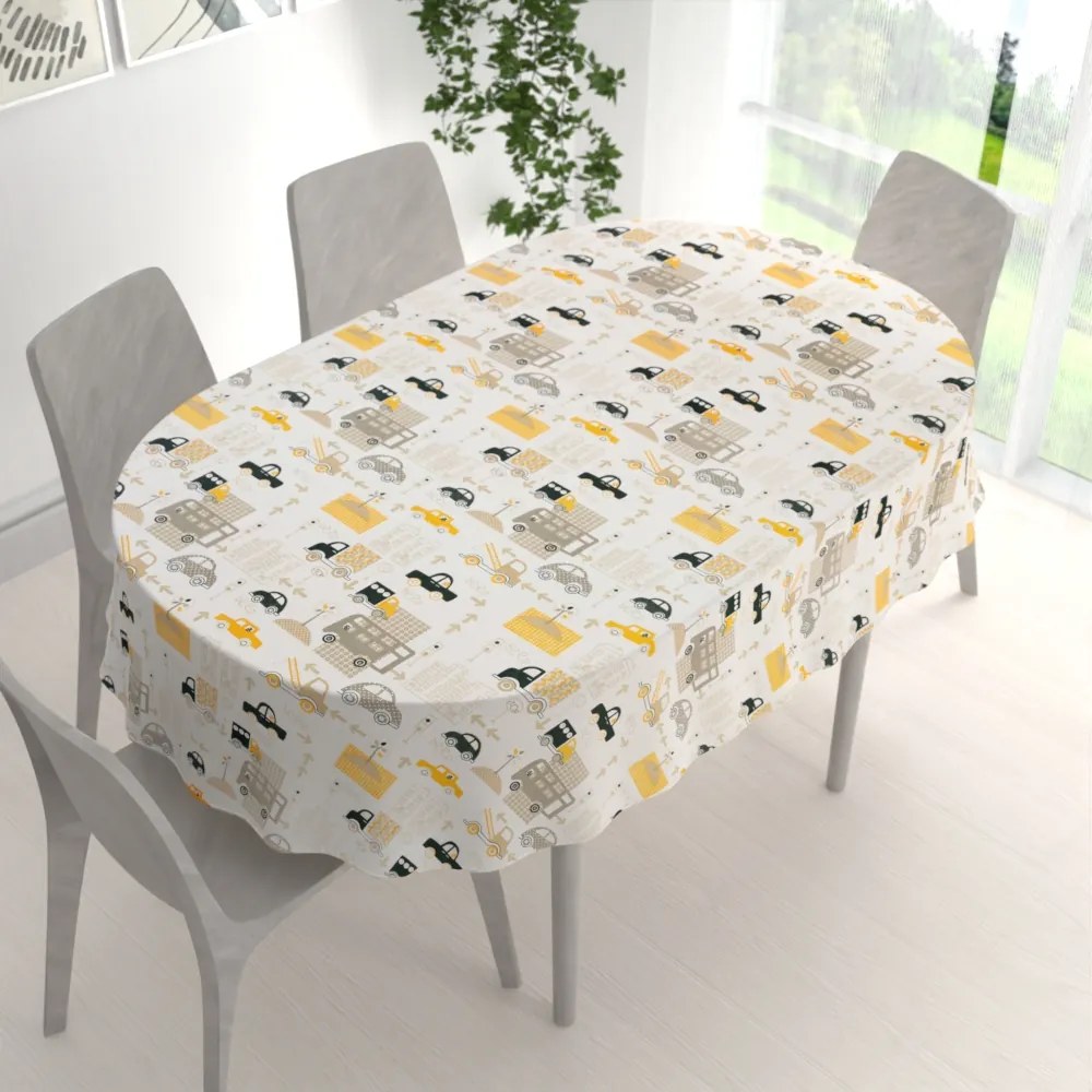Biante Detský bavlnený oválny obrus Sandra SA-672 Žlté a sivohnedé autá v meste na bielom 120x180 cm