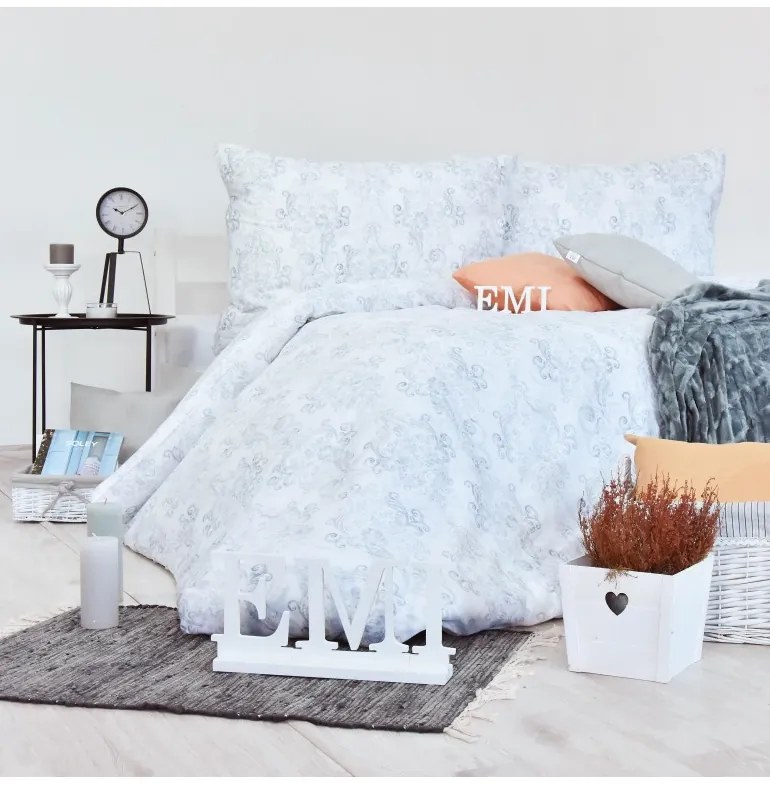 Obliečky Poetics satén sivo-biele EMI, Štandardný set jednolôžko obsahuje 1x 140x200 + 1x 70x90