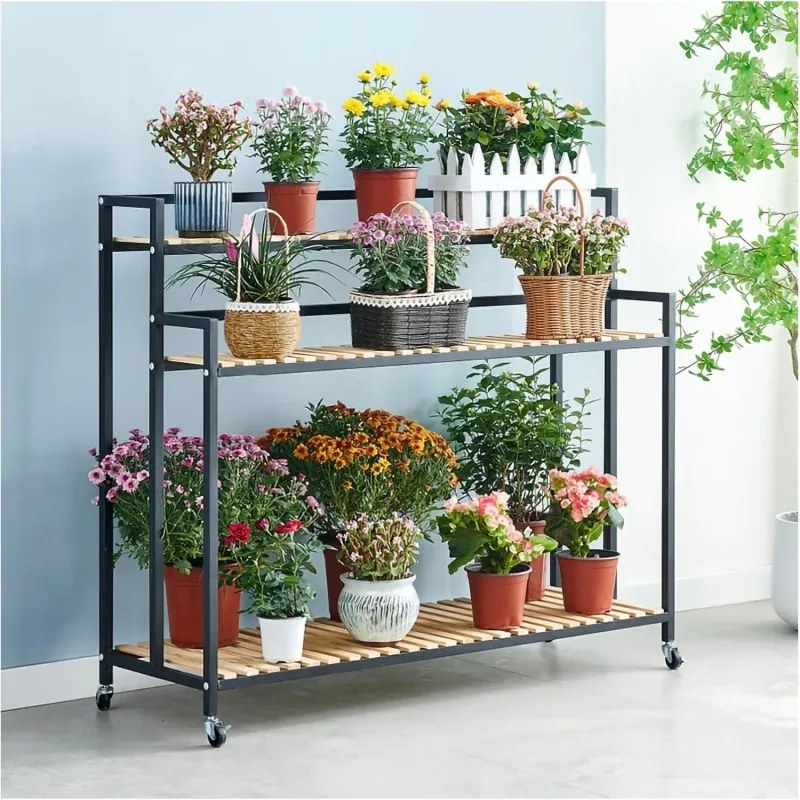 Stojan na kvety s 3 policami FLOREXA 100x40x102 cm, čierny