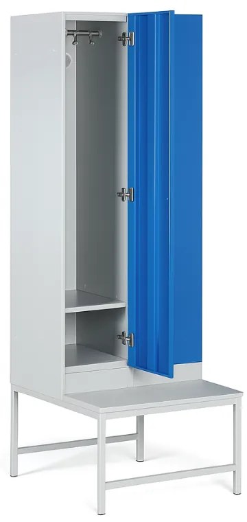 Šatníková skrinka s lavičkou, 2 oddiely, 1875 x 600 x 500/800 mm, demont, zámok s čítačkou RFID kariet, zelené dvere