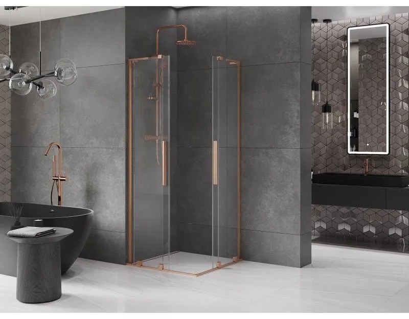 Mexen Velar L Duo, sprchový kút s posuvnými dverami 90 x 90 cm, 8mm číre sklo, medená matná, 871-090-090-02-03-65