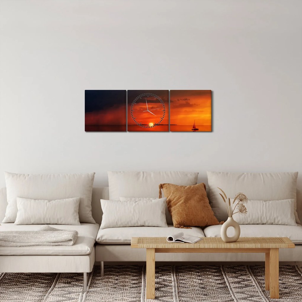 Obraz západu slnka s plachetnicou (s hodinami) (90x30 cm)