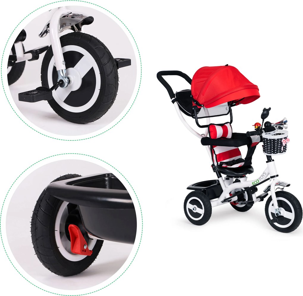 ECOTOYS trojkolka 360° otočné sedadlo, skladacia strieška, bezpečnostné pásy, červená