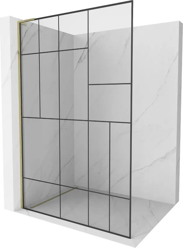 Mexen Kioto L, sprchová zástena Walk-In 90 x 200 cm, 8mm číre sklo čierny vzor, zlatý lesklý profil,800-090-103-50-78