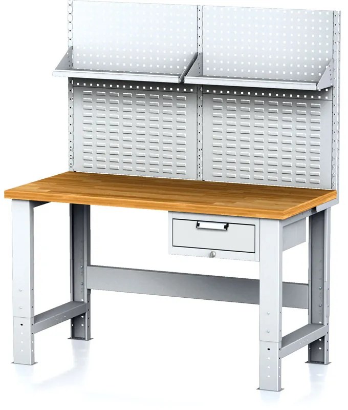 Alfa 3 Nastaviteľný dielenský stôl MECHANIC I , závesný box na náradie, nadstavba, polica, 1 zásuvka, 1500x685x700-1055 mm, sivé