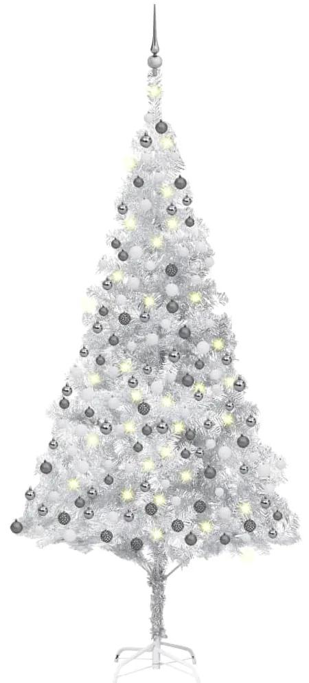 Umelý vianočný stromček s LED a guľami 240 cm strieborný PET 3077698