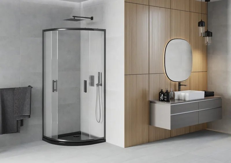 Mexen Rio, štvrťkruhový sprchovací kút s posuvnými dverami 80(dvere) x 80(dvere) x 190 cm, 6mm sklo námraza, čierny profil + čierna sprchová vanička SLIM, 863-080-080-70-30-4170B