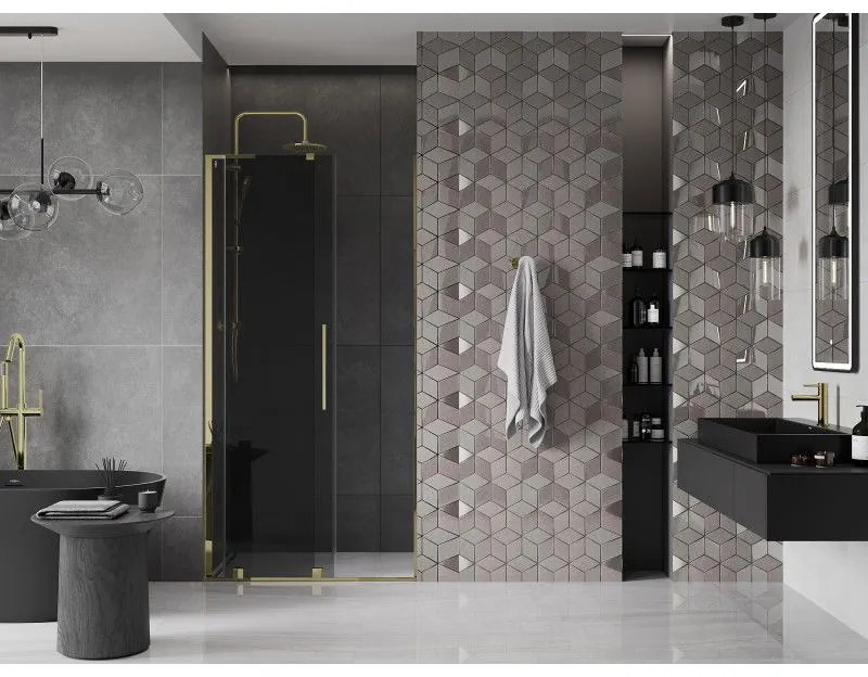 Mexen Velar L, posuvné sprchové dvere do otvoru 90 cm, 8mm šedé sklo, zlatá lesklá, 871-090-003-41-50