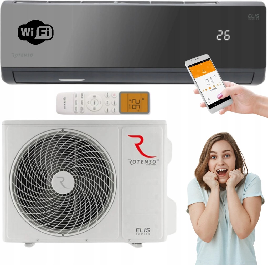 Klimatizátor Rotenso Elis 3,4 kW WiFi Čierna Klimatizácia Na Stenu Do Domácnosti