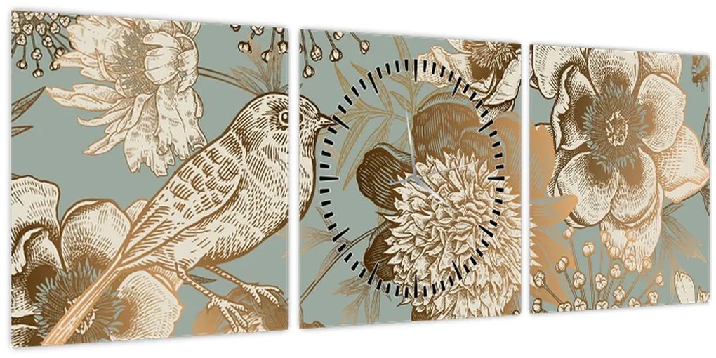 Obraz - Záhrada s vtáčikom (s hodinami) (90x30 cm)