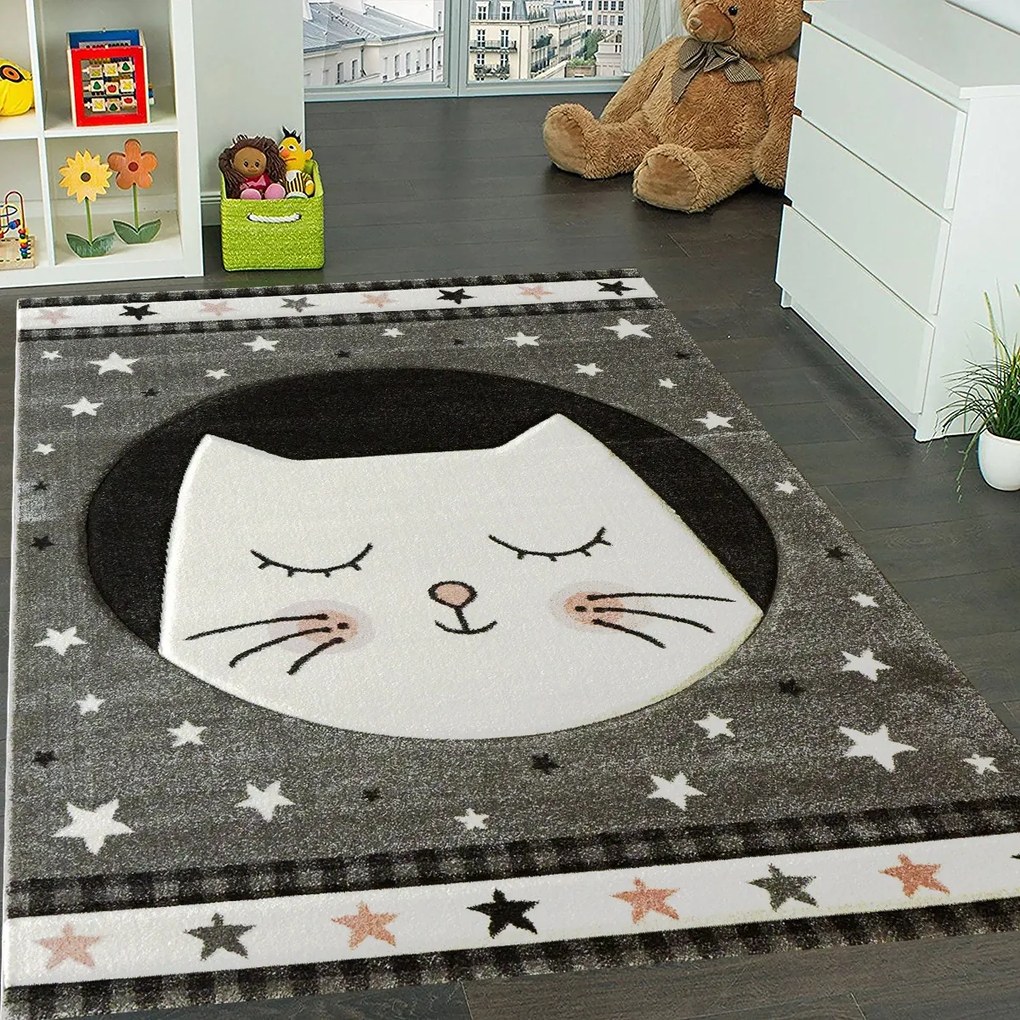BE Detský koberec Smart Kids 22412 GREY – sivý obdĺžnikový, mačička Rozmer: 160x230 cm