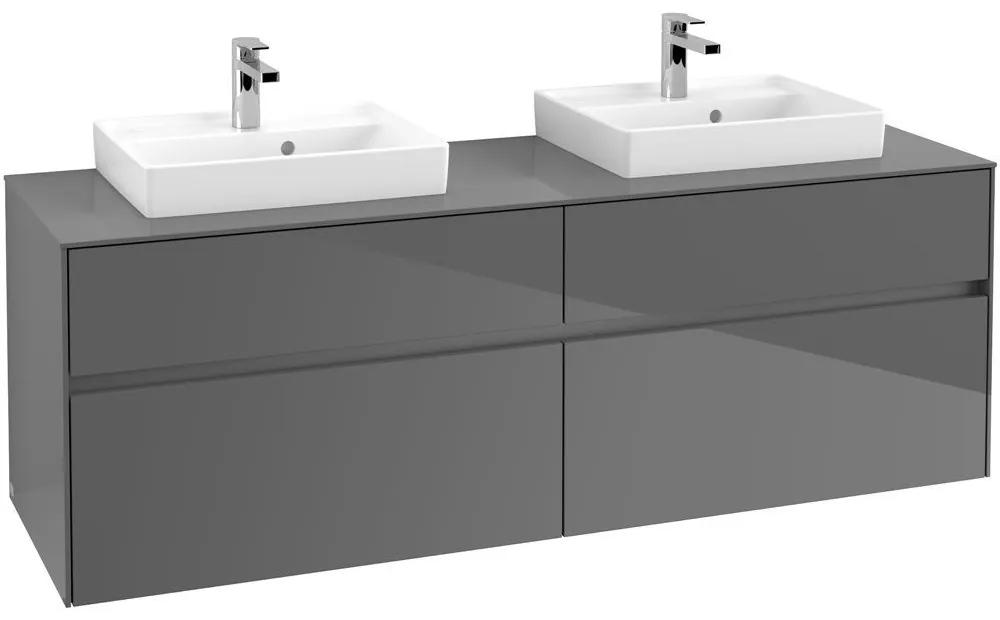VILLEROY &amp; BOCH Collaro závesná skrinka pod dve umývadlá na dosku, 4 zásuvky, s LED osvetlením, 1600 x 500 x 548 mm, Glossy Grey, C021B0FP