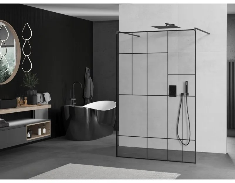 Mexen Kioto, sprchová zástena Walk-In 110 x 200 cm, 8mm číre sklo čierny vzor, grafitový profil, 800-110-002-95-78