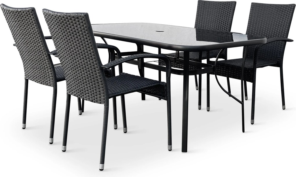 Noela Záhradný jedálenský set Klaudia čierny + 4x ratanová stolička Paris KD