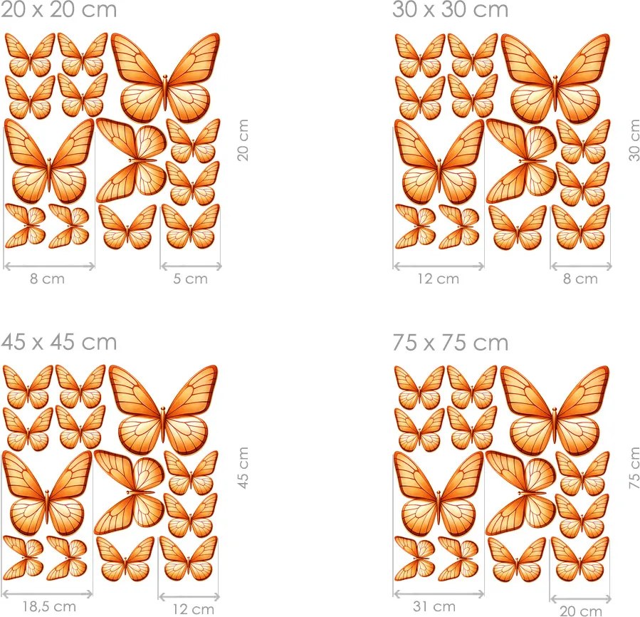 Motýle svetlo oranžové 13ks textilní prelepiteľná nálepka na stenu list 100 x 100 cm