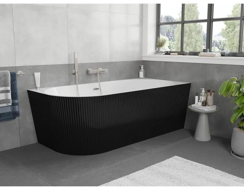 Mexen Silo, rohová voľne stojaca ryhovaná vaňa, pravá, 170 x 80 cm, biela-čierna, oceľový prepad, 52891708075P-97