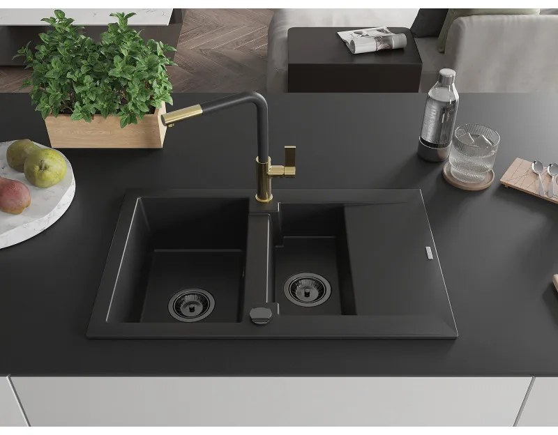 Mexen Gaspar, 1,5-komorový granitový drez 737x475x177 mm a drezová batéria Flora, čierna, 6507-77-670401-57-B
