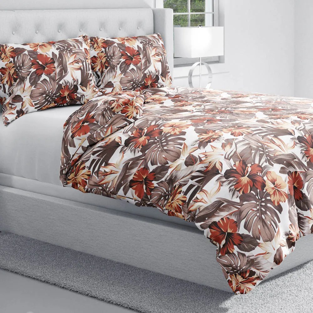 Biante Bavlnené posteľné obliečky Sandra SA-441 Hnedo-tehlové kvety a listy monstery Jednolôžko 140x200 a 70x90 cm