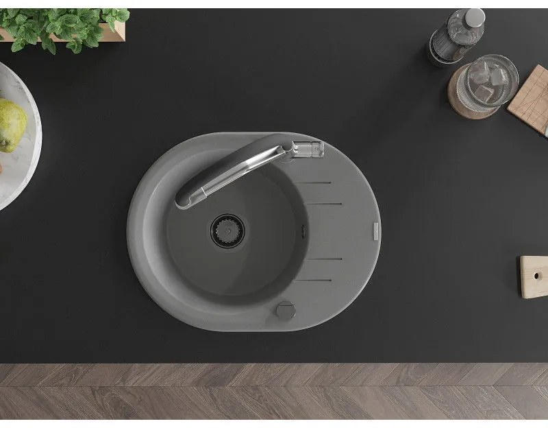 Mexen Kevin, granitový drez 586x458x190 mm, 1-komorový a biela batéria Duo, šedá, 6517-71-671701-07-B