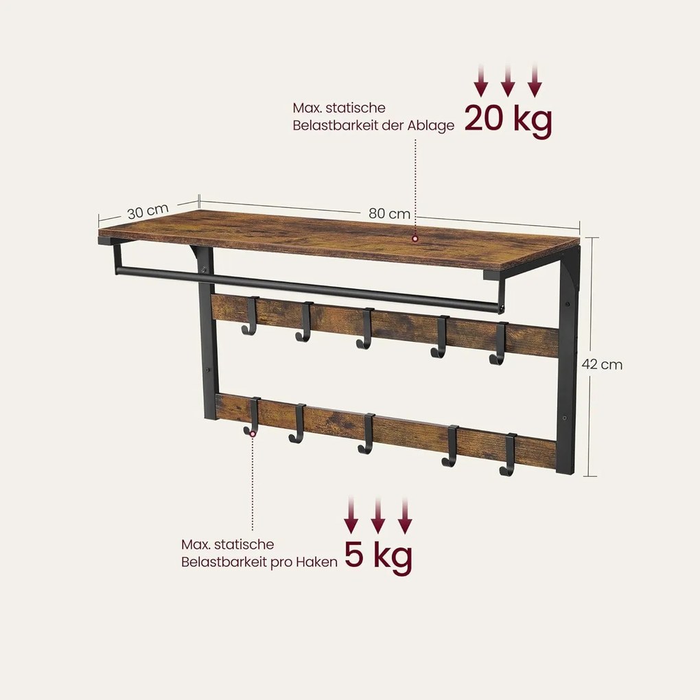 Nástenný vešiak na kabáty s policou a 10 háčikmi, rustikálny hnedý