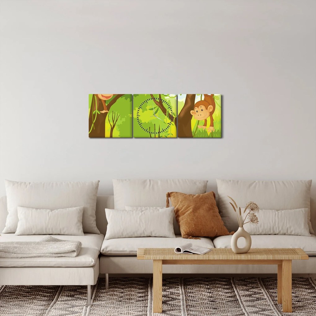 Obraz - Opičiaci (s hodinami) (90x30 cm)