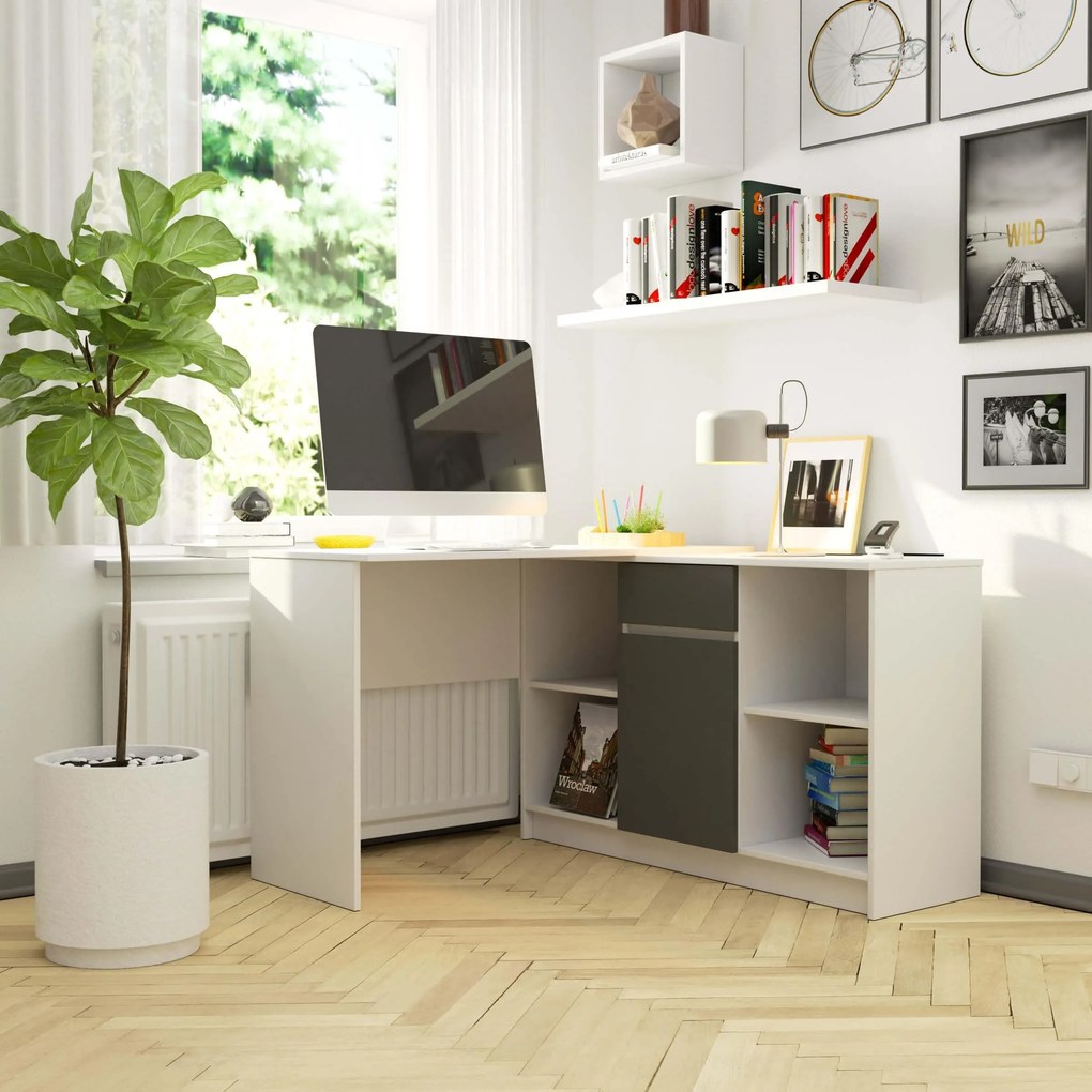 Rohový PC stolík Bahar (biela + sivá). Akcia -20%. Vlastná spoľahlivá doprava až k Vám domov. 1128849