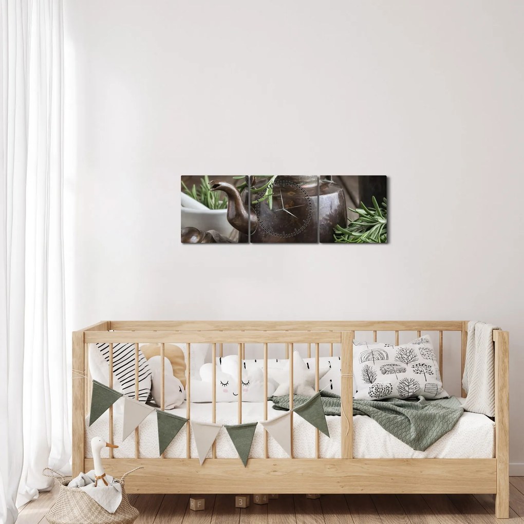 Obraz - Kanvička s rozmarínom (s hodinami) (90x30 cm)